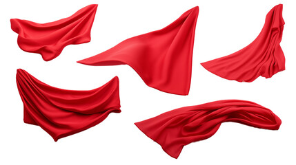 Set of floating elegant red fabrics transparent background.