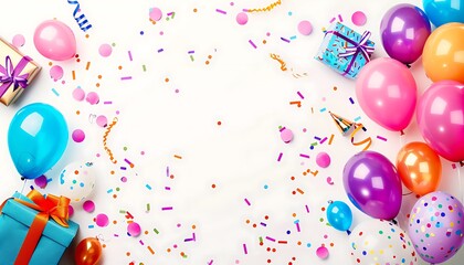 Festive birthday party banner featuring colorful balloons and gifts on a white background, confetti scattered, space for text, in a playful and whimsical style.