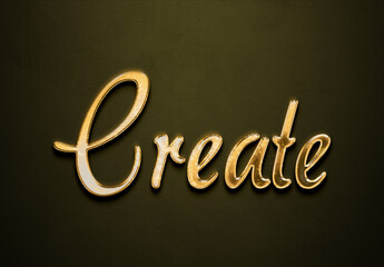 Old gold text effect of word Create with 3D glossy style Mockup.