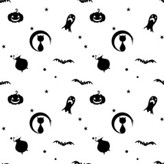 spooky Halloween scene with pumpkin, ghost, bat, boiling pot, and black cat. Perfect for seasonal designs and decorations. Background seamless pattern for  Halloween Day.