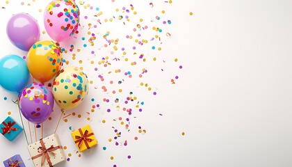 Festive birthday party banner featuring colorful balloons and gifts on a white background, confetti scattered, space for text, in a playful and whimsical style.