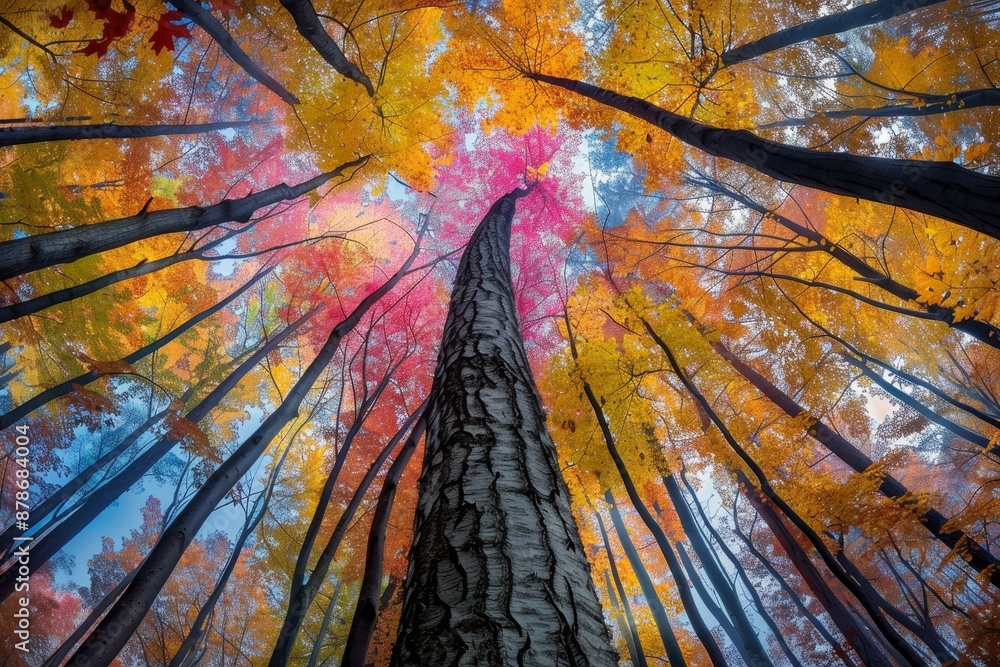 Poster a vertical view exposes the intricate layers of a tall trees canopy, with colorful leaves gently fal