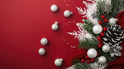 Festive Christmas decorations with red and white background focal point and room for text Holiday theme