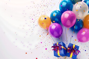 Festive birthday party banner with vibrant balloons and gifts, white background with confetti, space for text, in a dynamic and bold style.