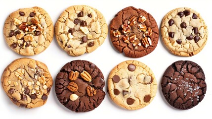 Delicious variety of gourmet cookies. An assortment of gourmet cookies, including chocolate chip, pecan, and salted caramel, perfect for a sweet treat or snack.