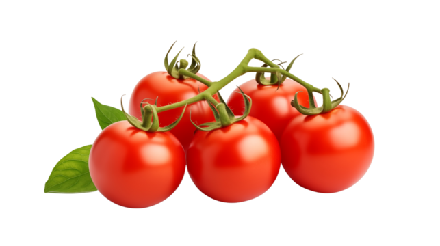 Set of fresh delicious tomatoes with leaves transparent background.