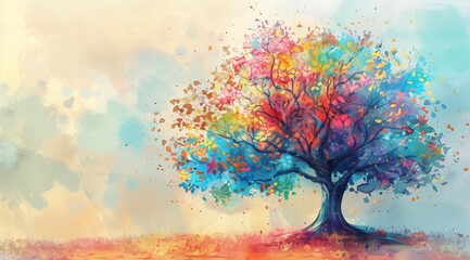 Watercolor Rainbow Tree with Pastel Sky and Reflection