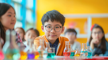 Curious Student Engages in a Colorful Chemistry Class Experiment