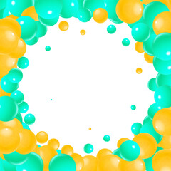 Scattered floating colored spheres on a vibrant background - 3D render. Red photo frame. Eps 10