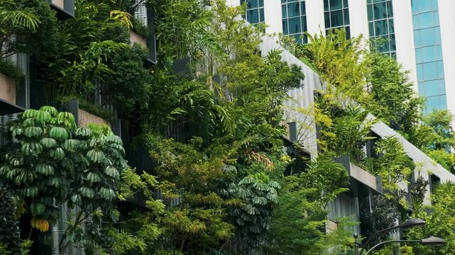 Building facade with green plants growth on the wall. Vertical garden in Kuala Lumpur city, Malaysia. Eco friendly urban environment. Sustainable modern and ecological architecture