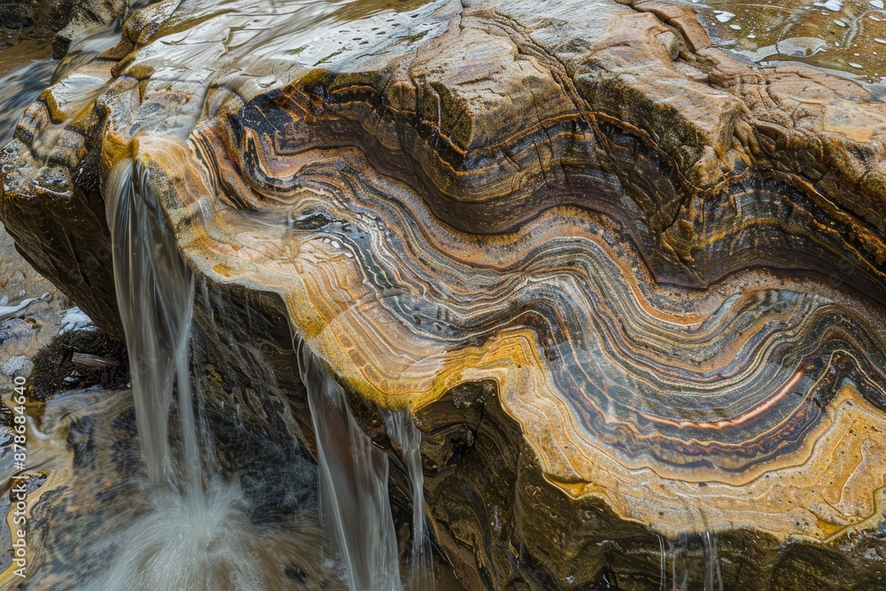 Poster a large rock with a waterfall cascading out of it, creating intricate patterns on the surrounding ro