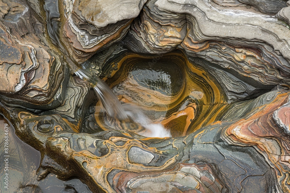 Poster a detailed view of a rock formation with water cascading out, creating beautiful patterns, cascading