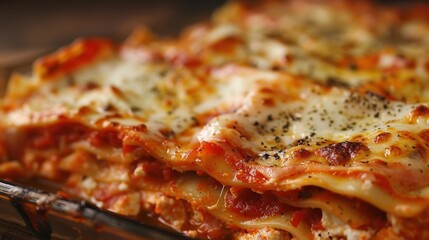 A close-up view of a freshly baked lasagna dish with layers of pasta, meat sauce, and melted cheese, topped with freshly ground black pepper