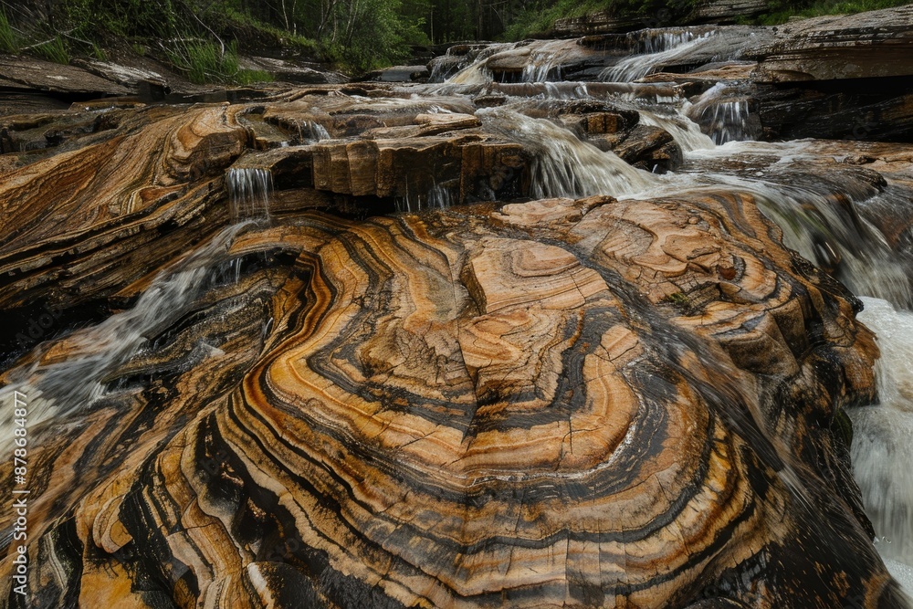 Poster large rock with cascading waterfall at its center, creating intricate patterns, cascading water crea