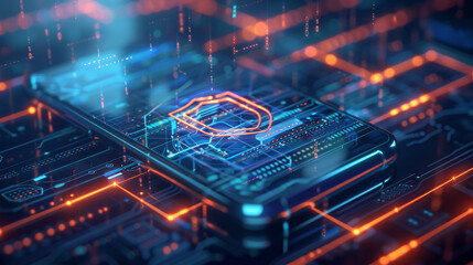 A futuristic server room with holographic security interfaces and a central glowing firewall icon, surrounded by data streams and a dark, high-tech ambiance