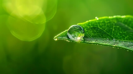 Dewdrop on green leaf. A single dewdrop sits on a green leaf, illuminated by the morning sun.