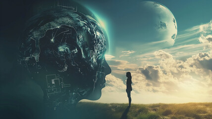 Embark on a journey through a realm of imagination and innovation, delving into a futuristic art space where cosmic and cyber elements merge in a celestial environment with a human presence