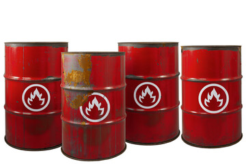 Red barrel or oil-drums with a flammable sign. Rusty dangerous barrel with fuel or crude oil on...
