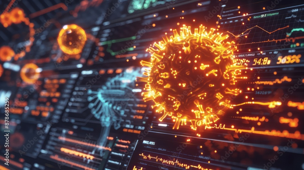 Aufkleber digital virus data analysis. close up of glowing digital virus on a screen, with data graphs in the 