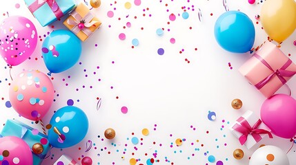 Festive design featuring colorful balloons and gifts on a white background with confetti, space for text, birthday party banner in a cheerful style.