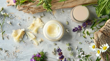 Sustainable skincare product for women made with natural ingredients Organic balm and gentle lotion for facial care