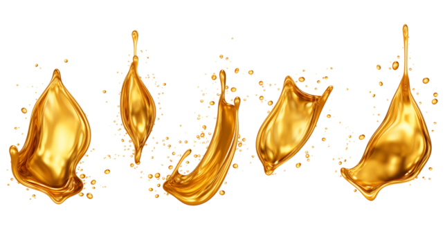 Set of golden oil splashes transparent background.