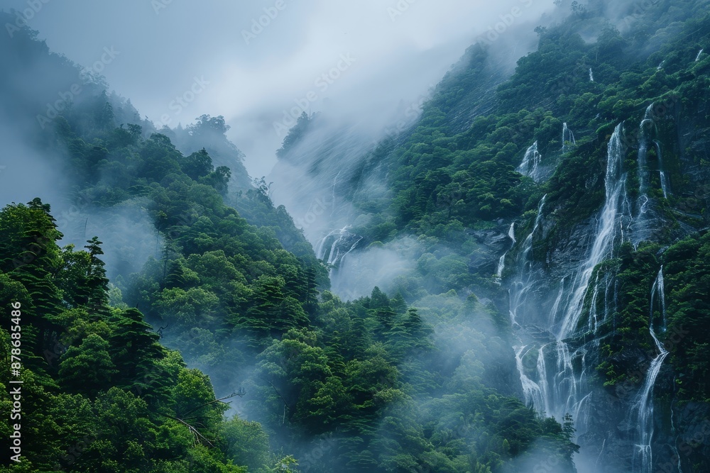 Canvas Prints A tall waterfall cascades down in a lush green forest, Cascading waterfalls in a misty mountain landscape