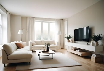 Fototapeta premium Cozy minimal modern living room interior design, with a dining room including a sofa, chairs, empty living room with beige walls