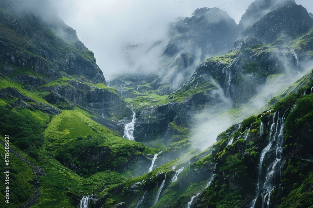 Wall mural a mountain with a waterfall cascading down its rocky face into a pool below, surrounded by mist and 