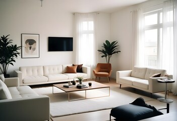 Fototapeta premium Cozy minimal modern living room interior design, with a dining room including a sofa, chairs, empty living room with beige walls