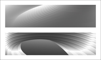 Monochrome cover design, abstract background. Wavy silver parallel gradient lines, ribbons, silk. Set of 2 backgrounds. Black and white with shades of gray banner, poster. eps vector