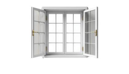 Open white window with clear glass panes set in wooden frames on an isolated white background for architectural and interior design concepts.