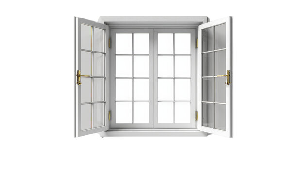 Open white window with clear glass panes set in wooden frames on an isolated white background for architectural and interior design concepts.