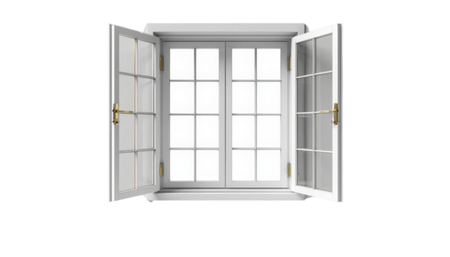 Open white window with clear glass panes set in wooden frames on an isolated white background for architectural and interior design concepts.