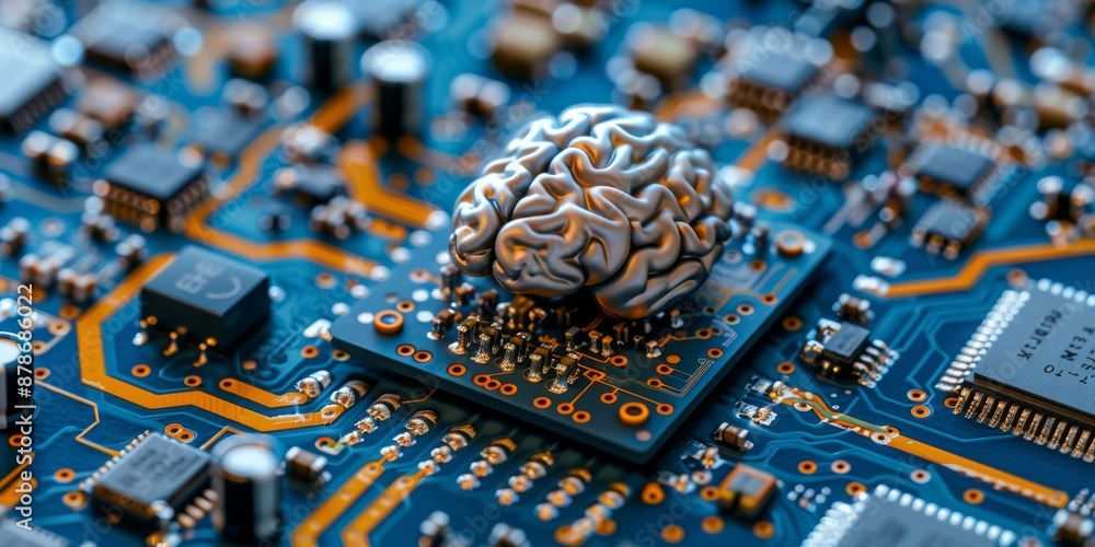 Poster a brain model symbolizes ai technology on a circuit board, blending digital innovation and cuttinged