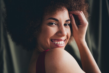 Fototapeta premium Photo portrait of lovely young lady touch self dressed red lingerie green studio background no filter self acceptance all body perfect