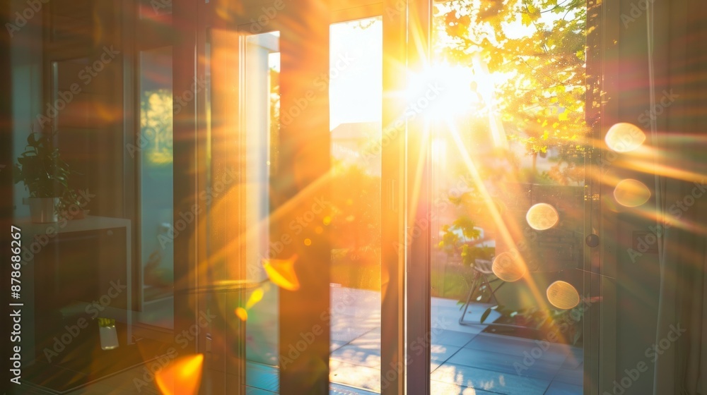 Poster sunlight streaming through window. warm sunlight streams through a glass door, creating a bright and