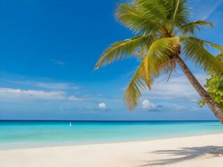 Tropical white sandy beach with palm and sea