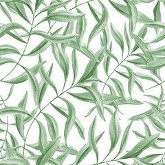 Ivy realistic foliage. Seamless pattern of olive leaves. Green oleander branches. Tropical leaf ornate. Watercolor illustration isolated on white background. Floral design for package, textile