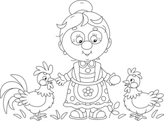 Funny granny villager holding a fresh egg near a rooster and hen in a poultry-yard, black and white vector cartoon illustration for a coloring book