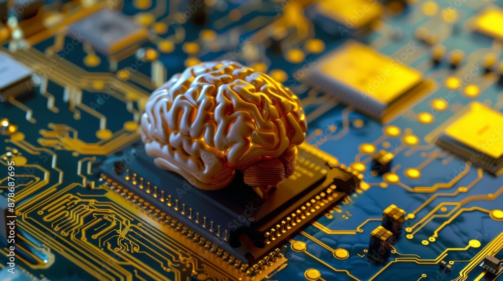 Poster a brain model symbolizes ai technology on a circuit board, blending digital innovation and cuttinged