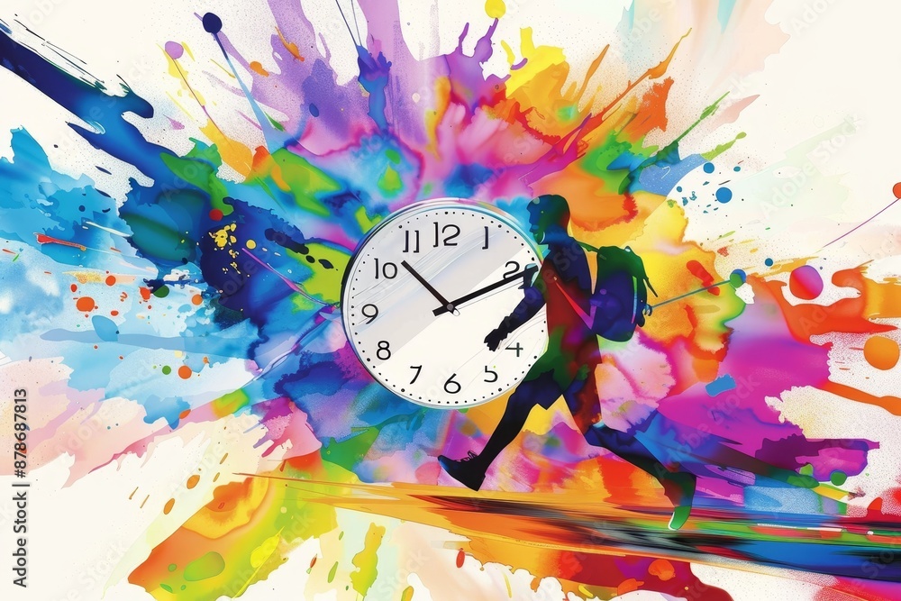 Poster a person is running with a clock in the background, symbolizing time and urgency, celebrate a milest