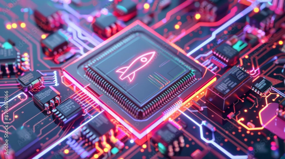 Aufkleber tech startup launch. neon glowing circuit board with a rocket ship symbol, representing a tech start