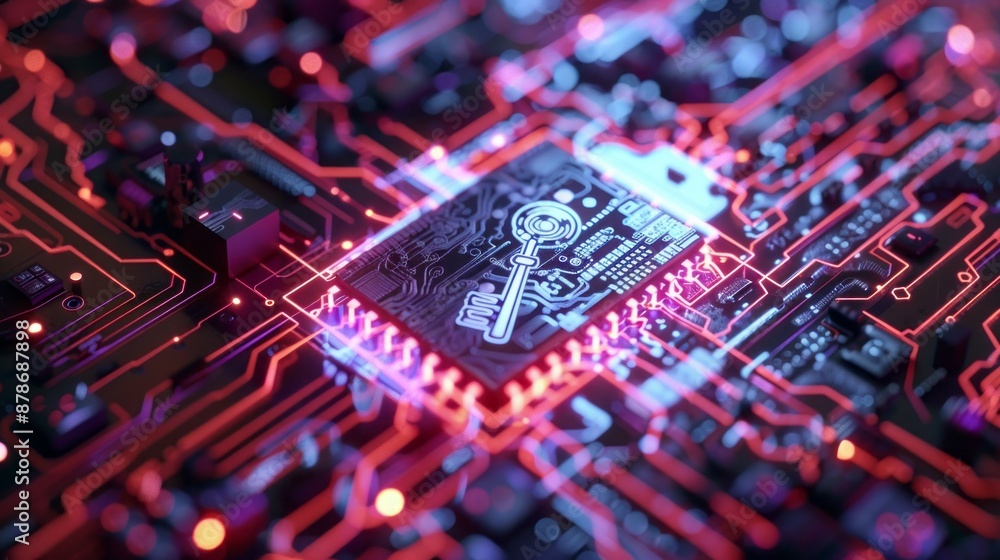 Aufkleber digital key on circuit board. closeup of a circuit board with a glowing digital key.
