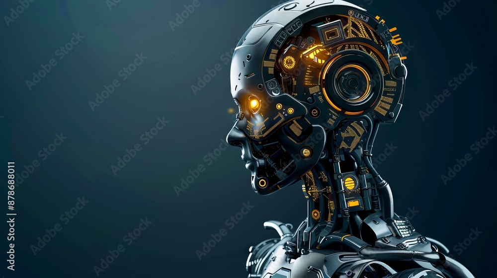 Poster futuristic robot head with glowing eyes. close-up side view of a robotic head with glowing eyes and 