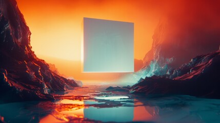 Abstract landscape with glowing cube. A glowing cube floats over a surreal landscape, casting reflections on the water.
