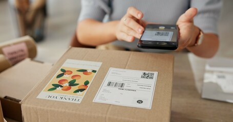 Woman, hands and phone to scan package for dropshipping, online information and parcel...