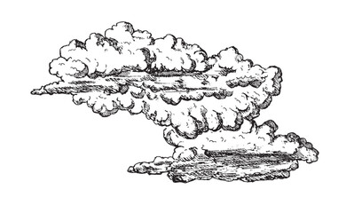 Set of clouds in handmade vintage retro style isolated on white background. Cartoon hand-drawn design elements in retro engraving style. Vector illustration.