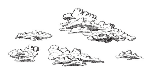 Set of clouds in hand drawn vintage retro style isolated on white background. Cartoon design elements. Vector illustration.	