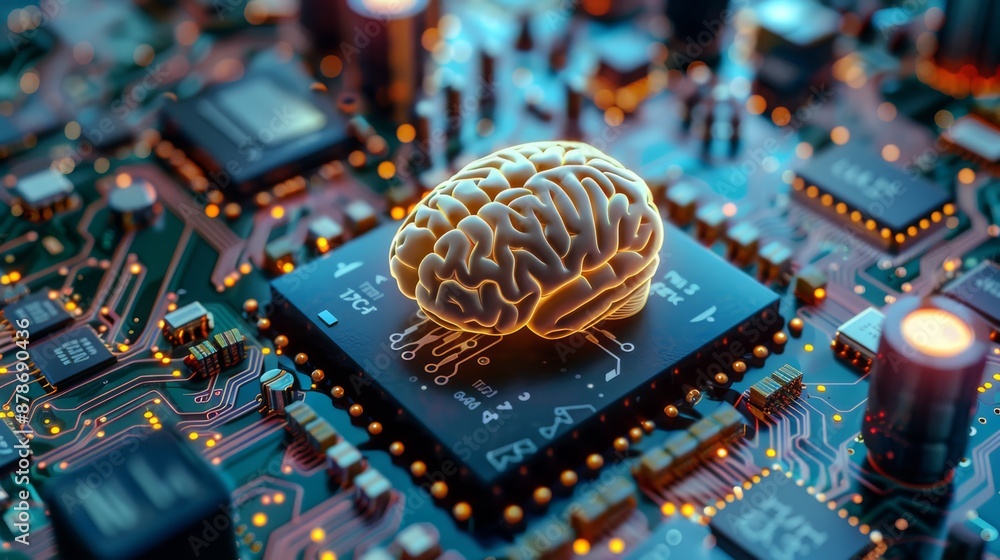 Poster a brain model symbolizes ai technology on a circuit board, blending digital innovation and cuttinged